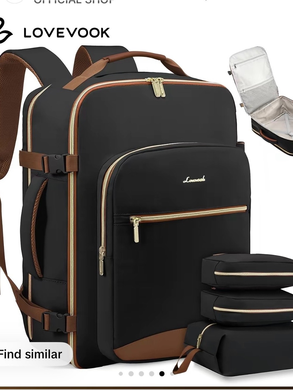 Women's Travel Backpack in Black and Brown with Gold Accents 50L